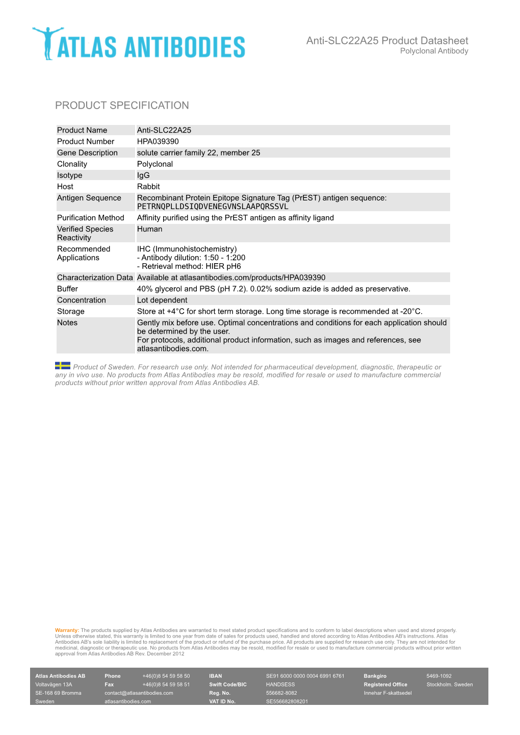 PRODUCT SPECIFICATION Anti-SLC22A25 Product Datasheet