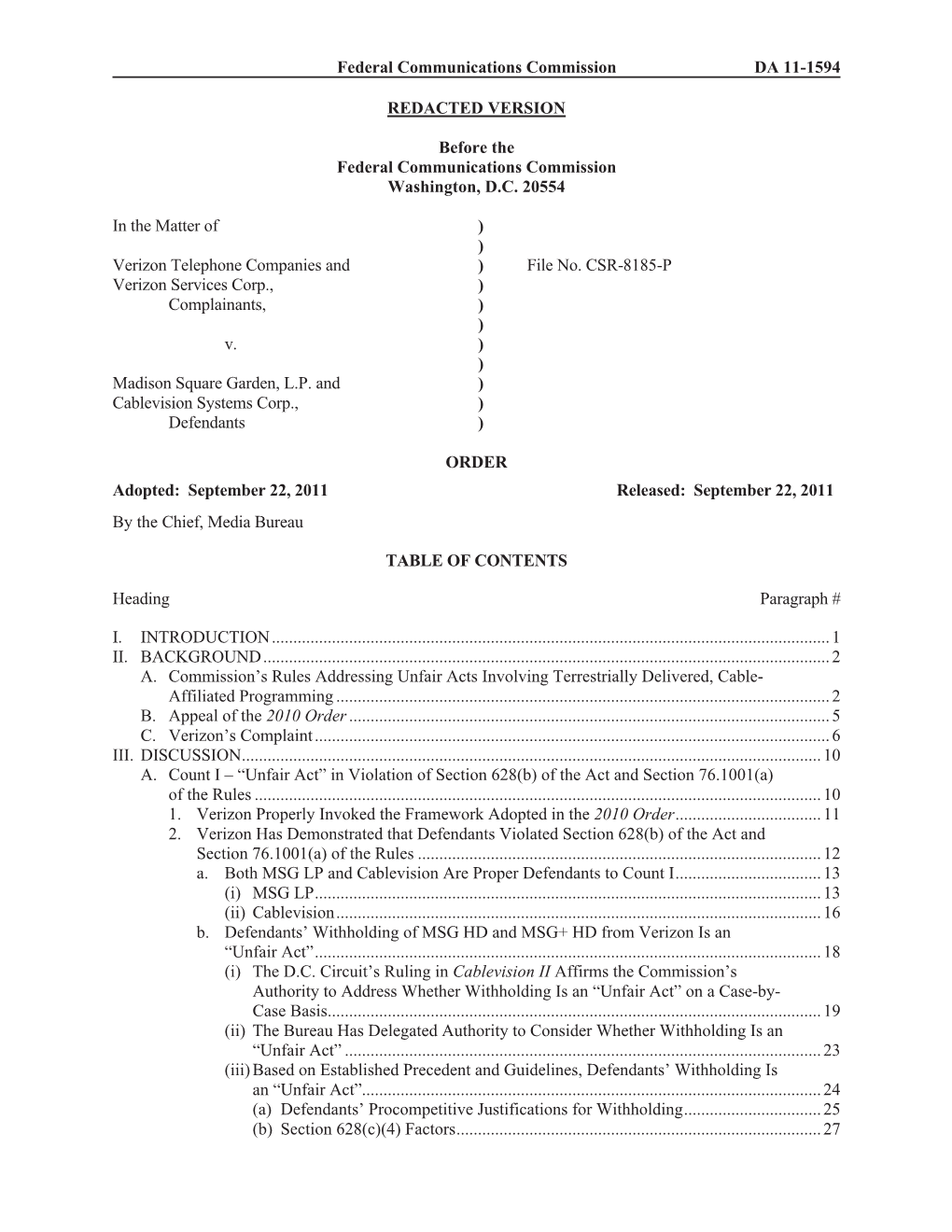 Federal Communications Commission DA 11-1594 REDACTED