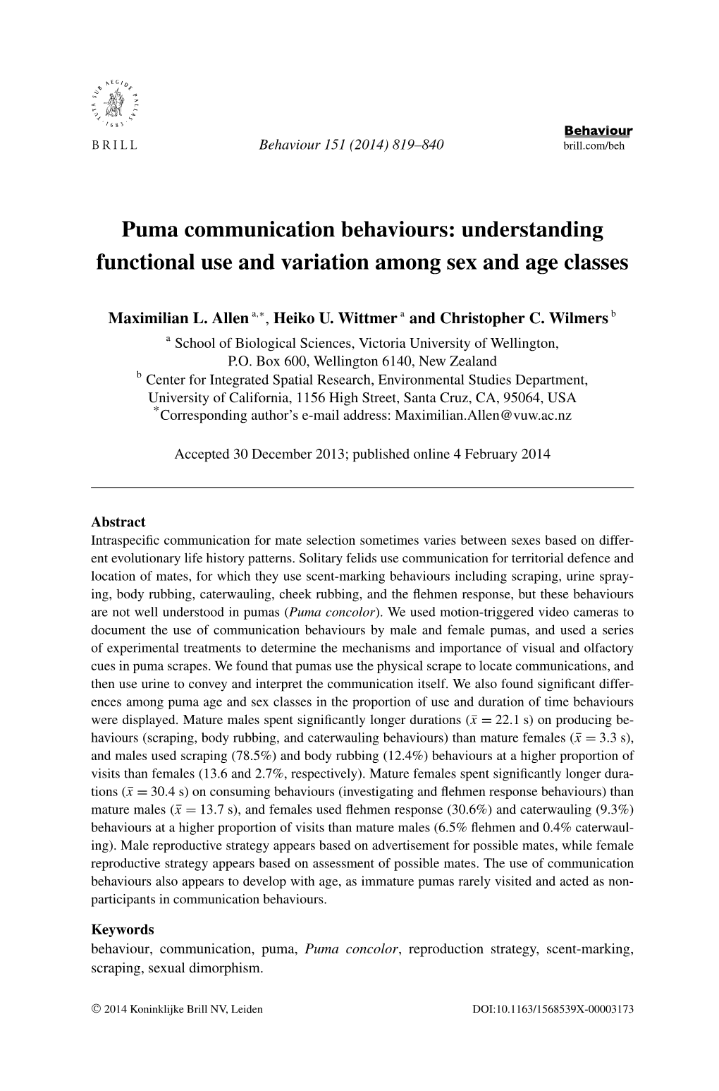 Puma Communication Behaviours: Understanding Functional Use and Variation Among Sex and Age Classes
