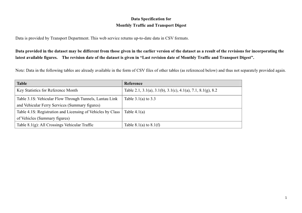 Data Specification for Monthly Traffic and Transport Digest