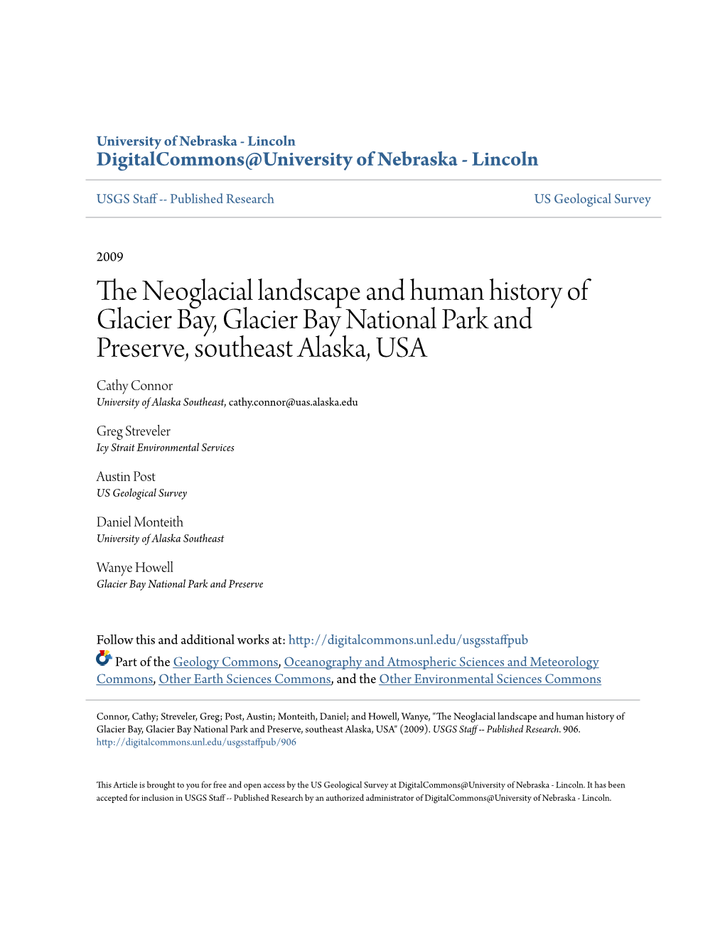 The Neoglacial Landscape and Human History of Glacier Bay