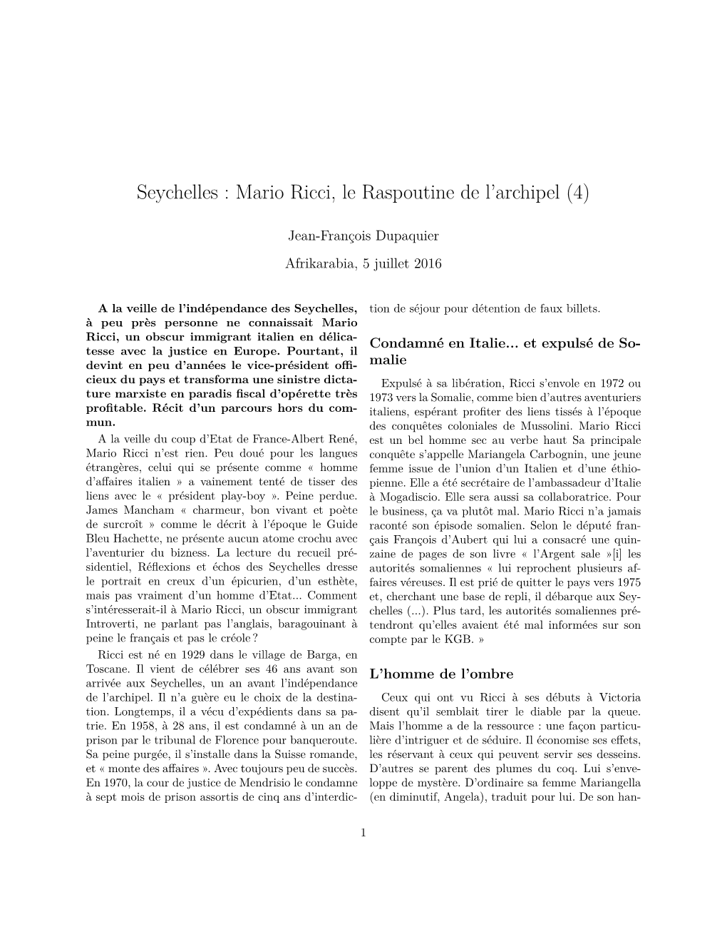 Seychelles : Mario Ricci, Le Raspoutine De L’Archipel (4)