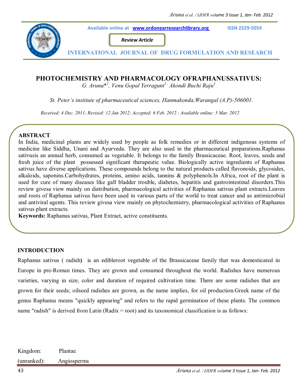 Aruna Et Al. / IJDFR Volume 3 Issue 1, Jan- Feb. 2012