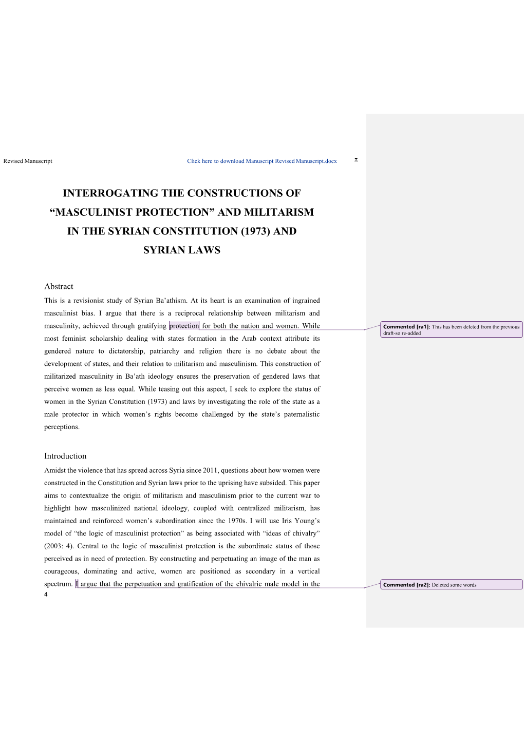 “Masculinist Protection” and Militarism in the Syrian Constitution (1973) and Syrian Laws