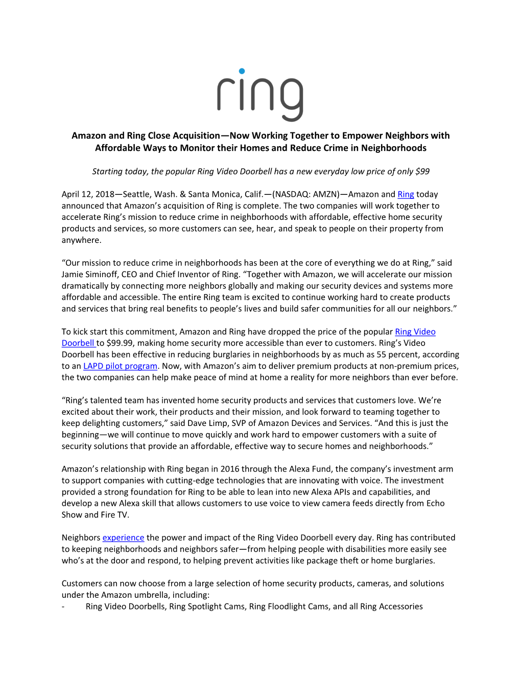 Amazon and Ring Close Acquisition—Now Working Together to Empower Neighbors with Affordable Ways to Monitor Their Homes and Reduce Crime in Neighborhoods