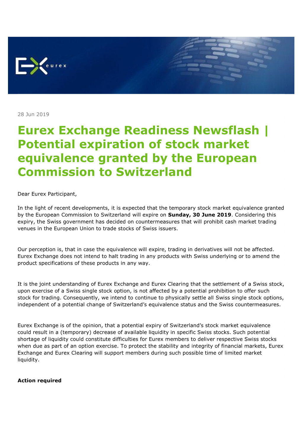 Eurex Exchange Readiness Newsflash | Potential Expiration of Stock Market Equivalence Granted by the European
