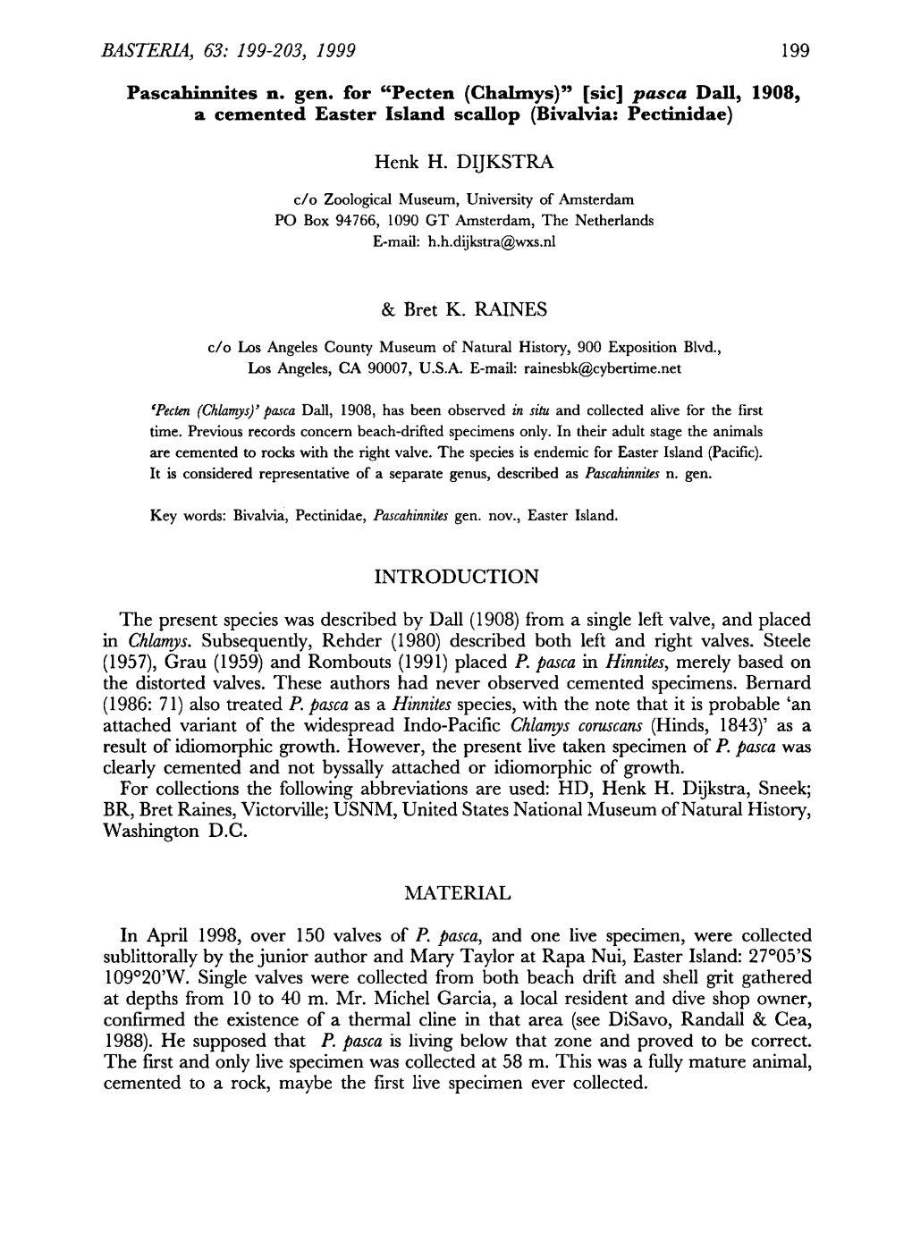 [Sic] Pasca 1908, Scallop (Bivalvia: Pectinidae) Dijkstra April 1998, Over