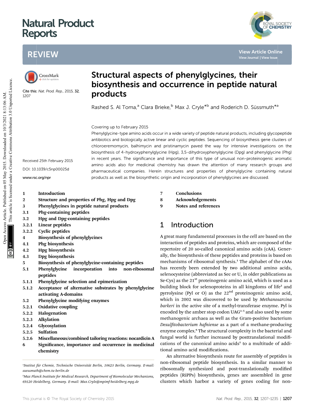 Structural Aspects of Phenylglycines, Their Biosynthesis and Occurrence in Peptide Natural Cite This: Nat