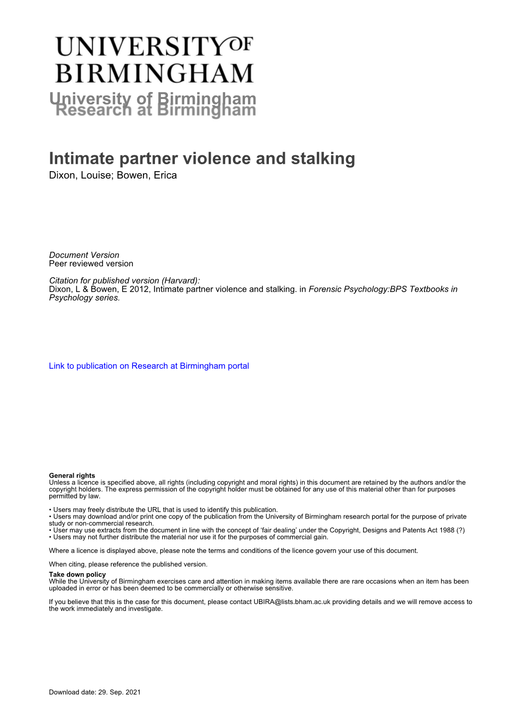 University of Birmingham Intimate Partner Violence and Stalking