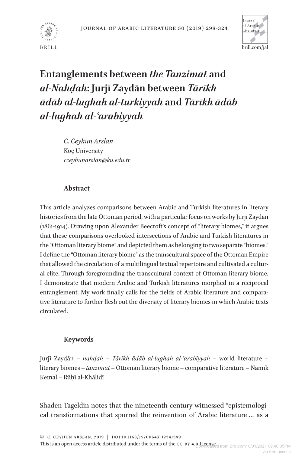 Entanglements Between the Tanzimat and Al-Nahḍah: Jurjī Zaydān Between Tārīkh Ādāb Al-Lughah Al-Turkiyyah and Tārīkh Ādāb Al-Lughah Al-ʿarabiyyah