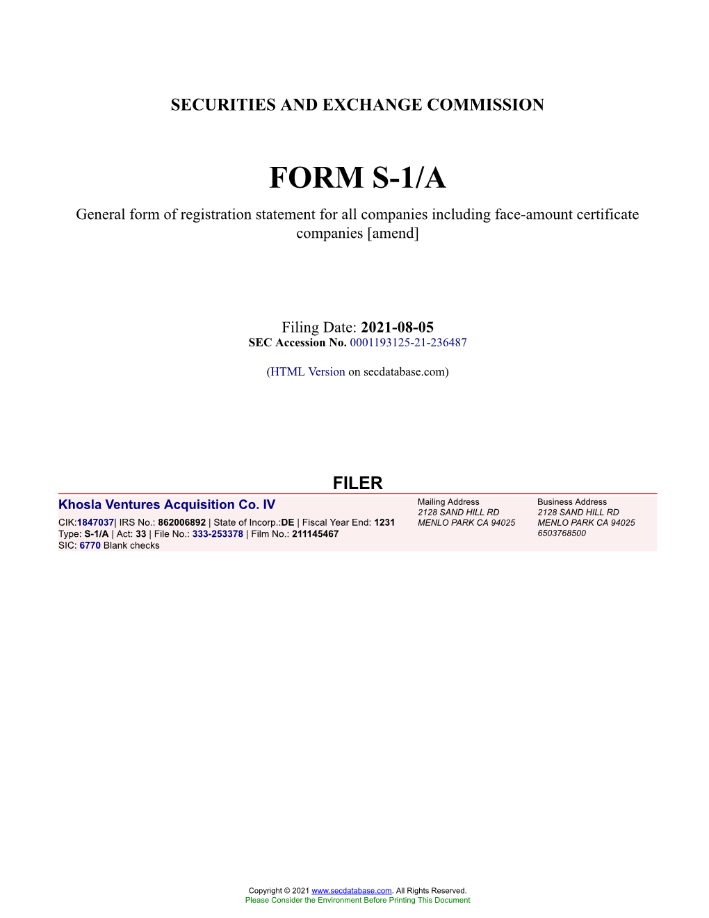 Khosla Ventures Acquisition Co. IV Form S-1/A Filed 2021-08-05