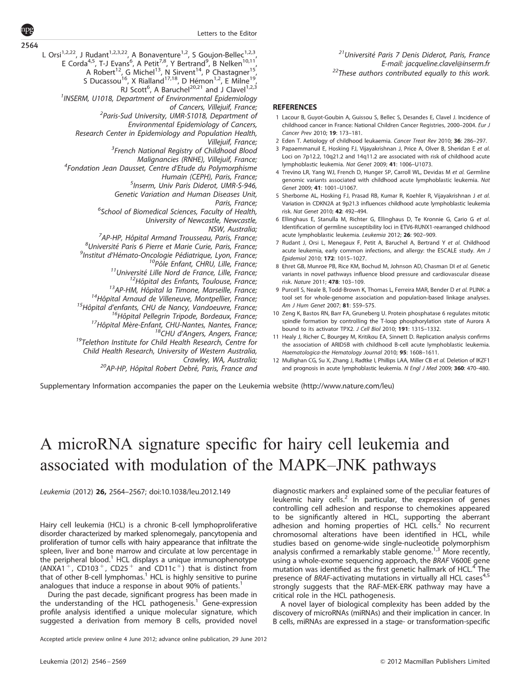 A Microrna Signature Specific for Hairy Cell Leukemia and Associated with Modulation of the MAPK&Ndash;JNK Pathways