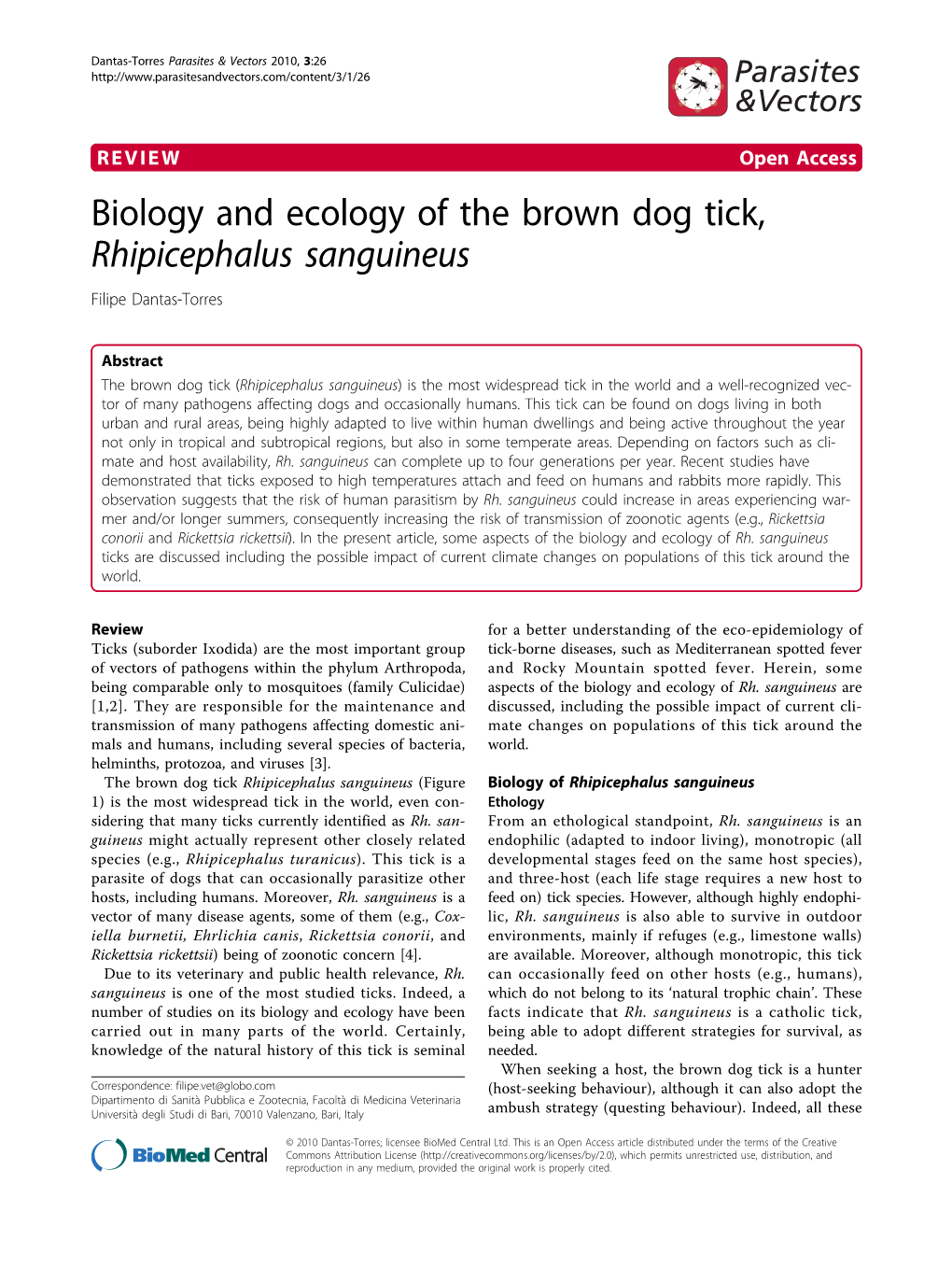 Biology and Ecology of the Brown Dog Tick, Rhipicephalus Sanguineus Filipe Dantas-Torres