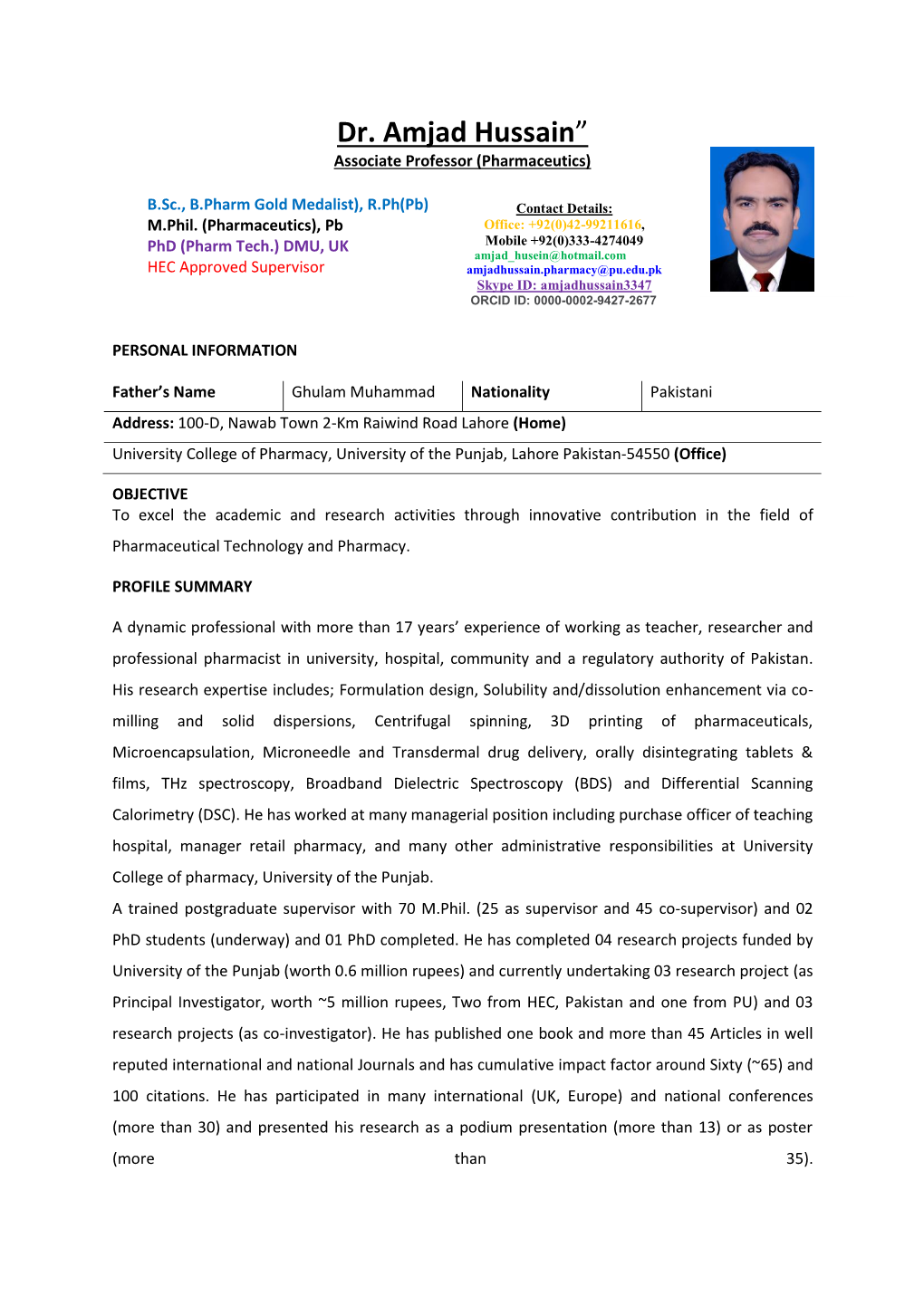 Dr. Amjad Hussain” Associate Professor (Pharmaceutics)