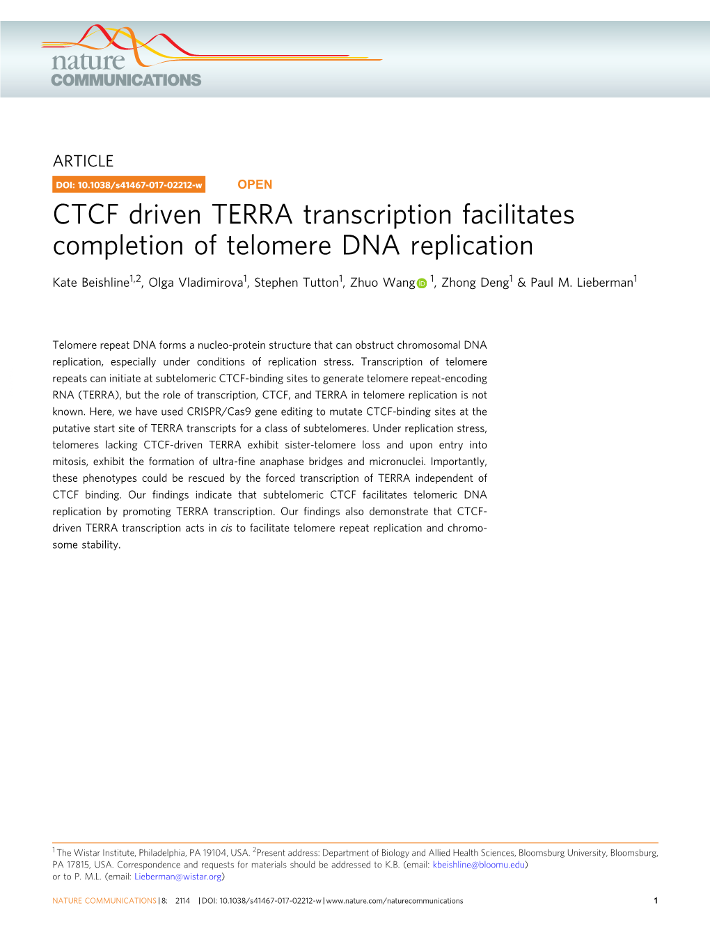 CTCF Driven TERRA Transcription Facilitates Completion of Telomere DNA Replication