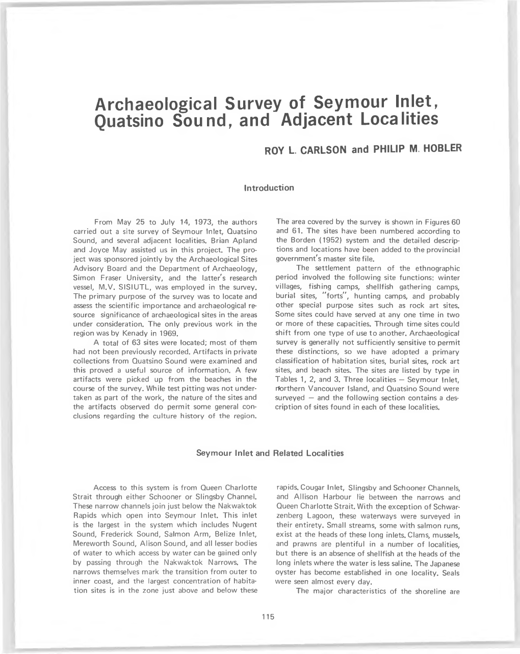Archaeological Survey of Seymour Inlet, Quatsino Sound, and Adjacent Localities