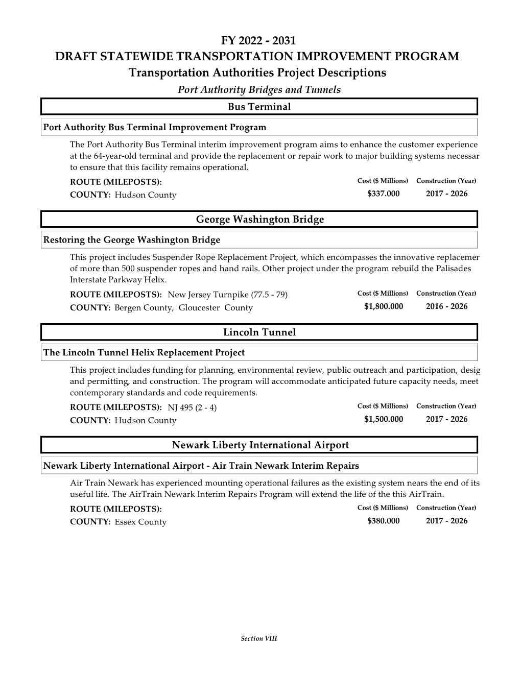 2031 DRAFT STATEWIDE TRANSPORTATION IMPROVEMENT PROGRAM Transportation Authorities Project Descriptions Port Authority Bridges and Tunnels Bus Terminal