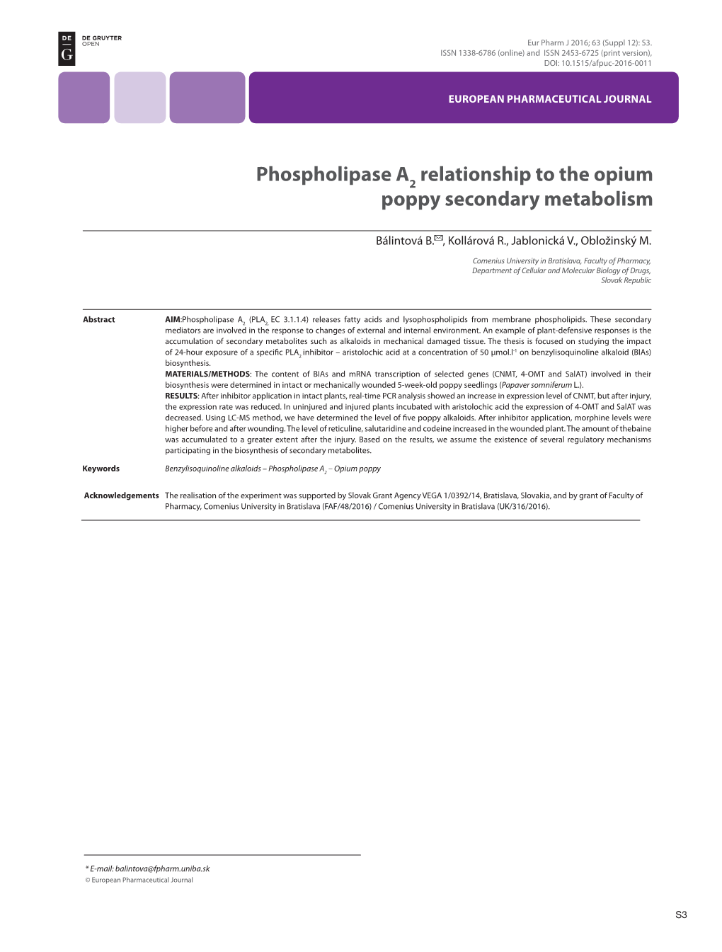 Phospholipase a Relationship to the Opium Poppy Secondary Metabolism