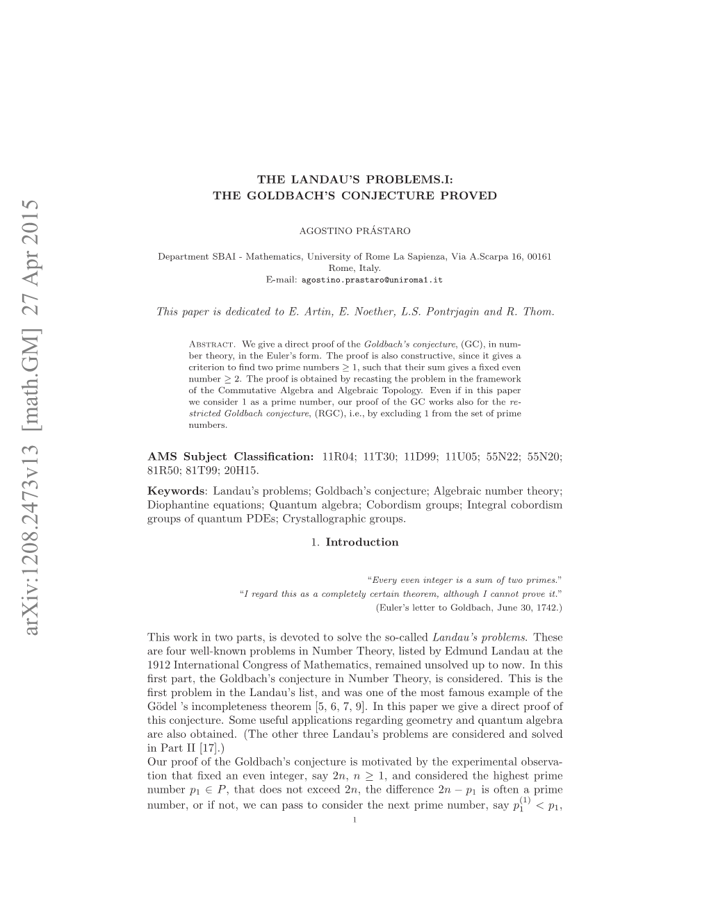 Arxiv:1208.2473V13 [Math.GM] 27 Apr 2015 Hswr Ntoprs Sdvtdt Ov H So-Called the Solve to Devoted Is Parts, Two in Work This Keywords 20H15