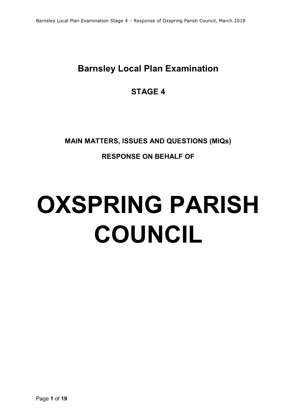 Barnsley Local Plan Examination Stage 4 – Response of Oxspring Parish Council, March 2018