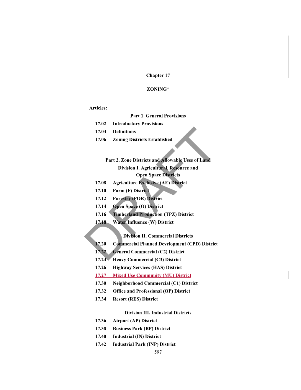 597 Chapter 17 ZONING* Articles