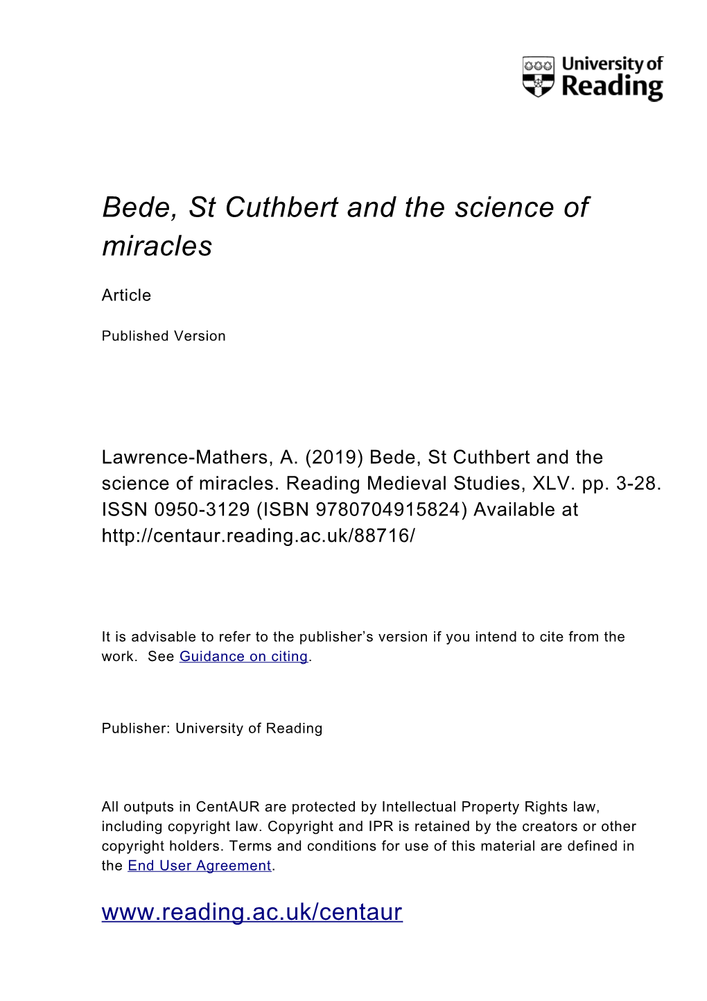 Bede, St Cuthbert and the Science of Miracles