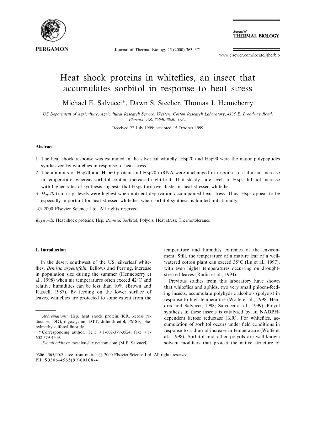 Heat Shock Proteins in Whiteflies, an Insect That Accumulates Sorbitol In