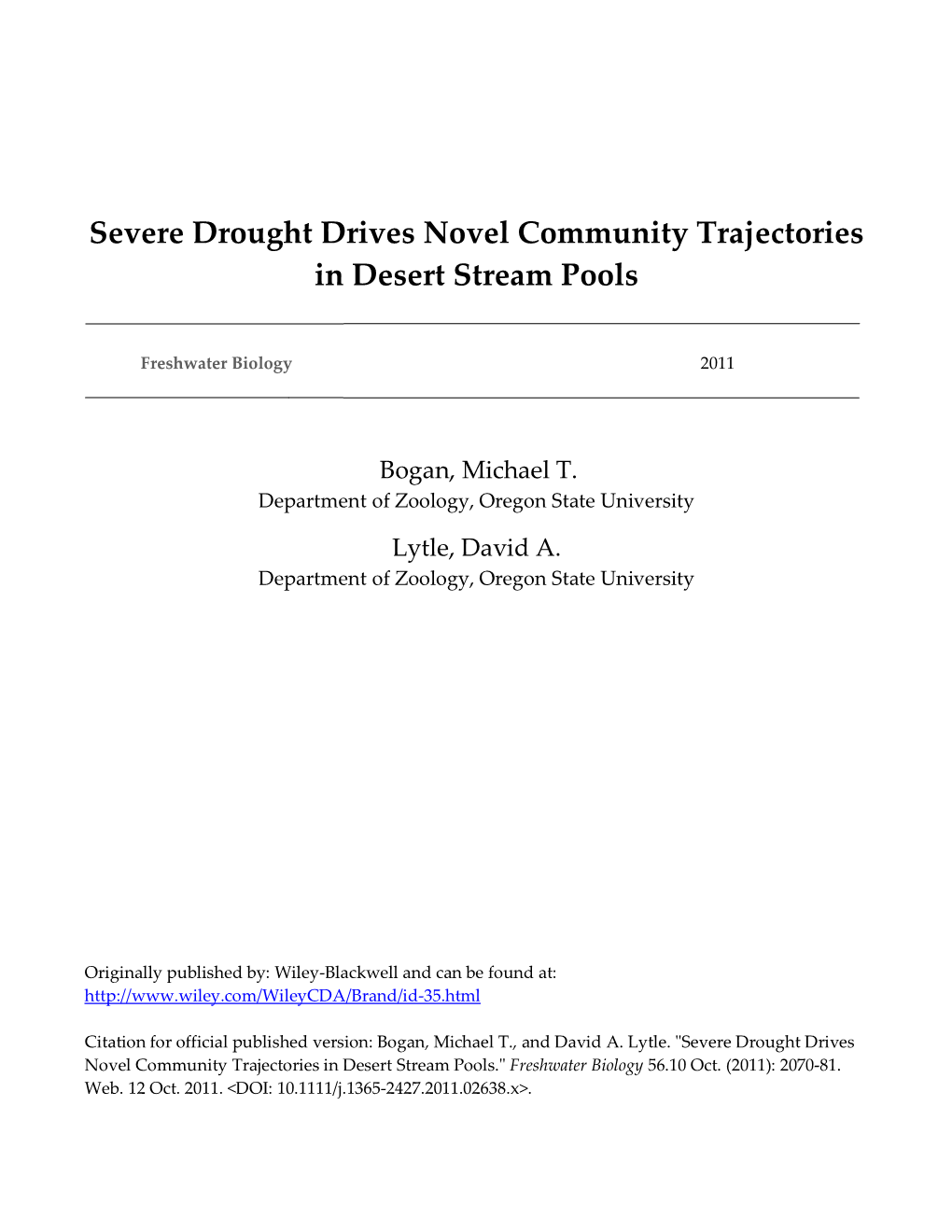 Severe Drought Drives Novel Community Trajectories in Desert Stream Pools