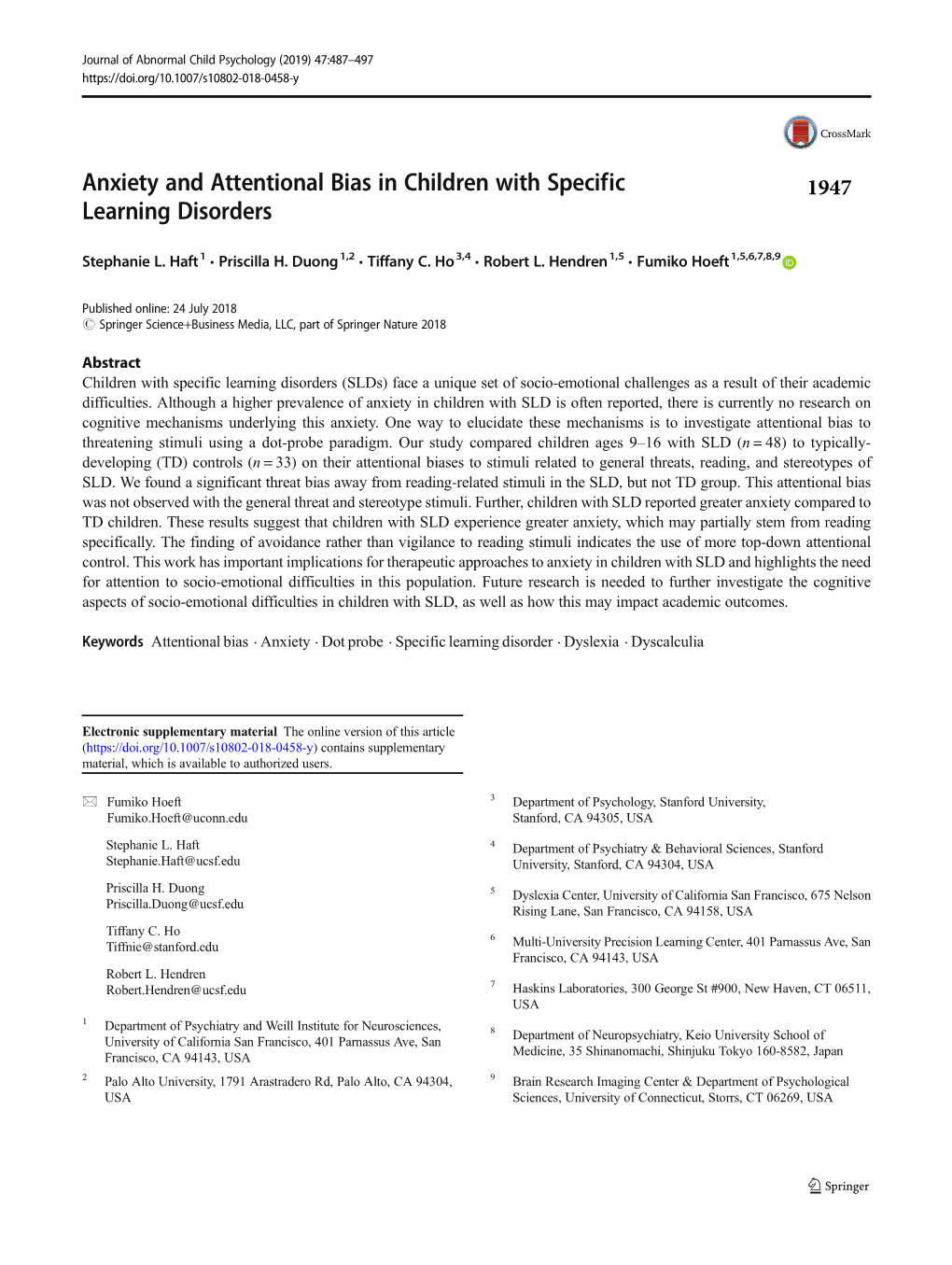 Anxiety and Attentional Bias in Children with Specific Learning