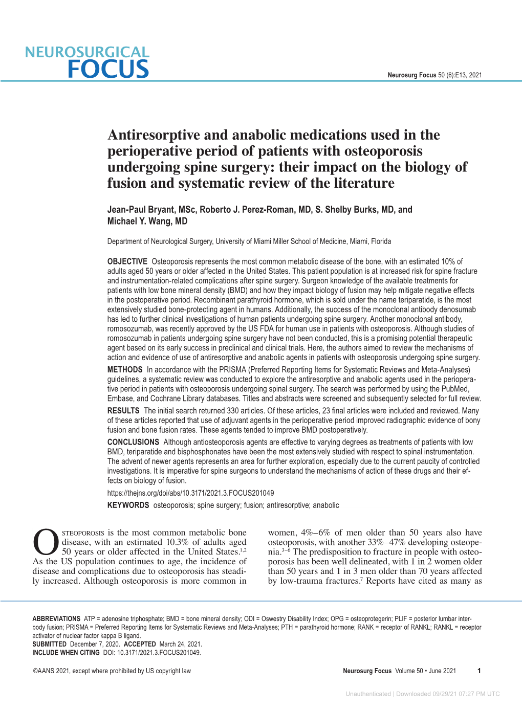 Antiresorptive and Anabolic Medications Used in the Perioperative Period of Patients with Osteoporosis Undergoing Spine Surgery