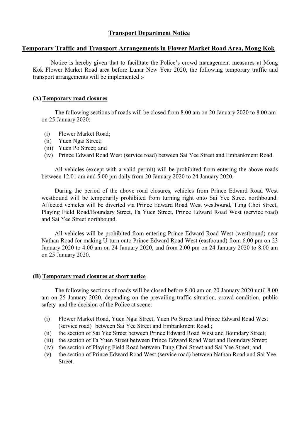 Transport Department Notice Temporary Traffic and Transport Arrangements in Flower Market Road Area, Mong