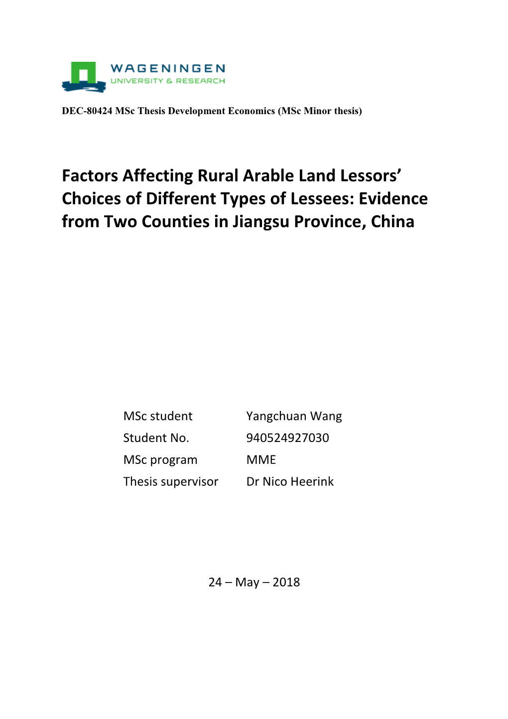 Factors Affecting Rural Arable Land Lessors' Choices Of