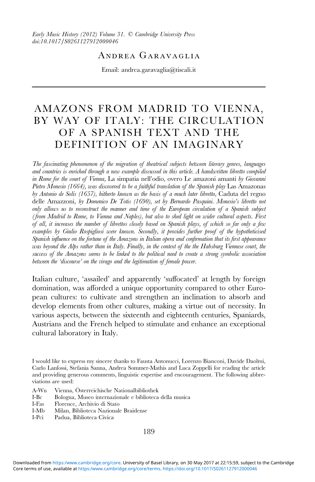 Amazons from Madrid to Vienna, by Way of Italy: the Circulation of a Spanish Text and the Definition of an Imaginary