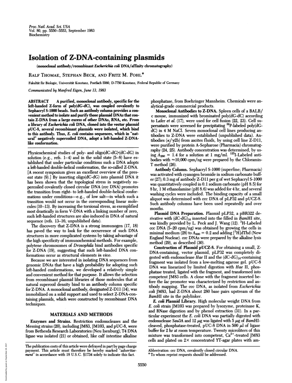 Isolation of Z-DNA-Containing Plasmids (Monoclonal Antibody/Recombinant Escherichia Coli DNA/Affinity Chromatography) RALF THOMAE, STEPHAN BECK, and FRITZ M