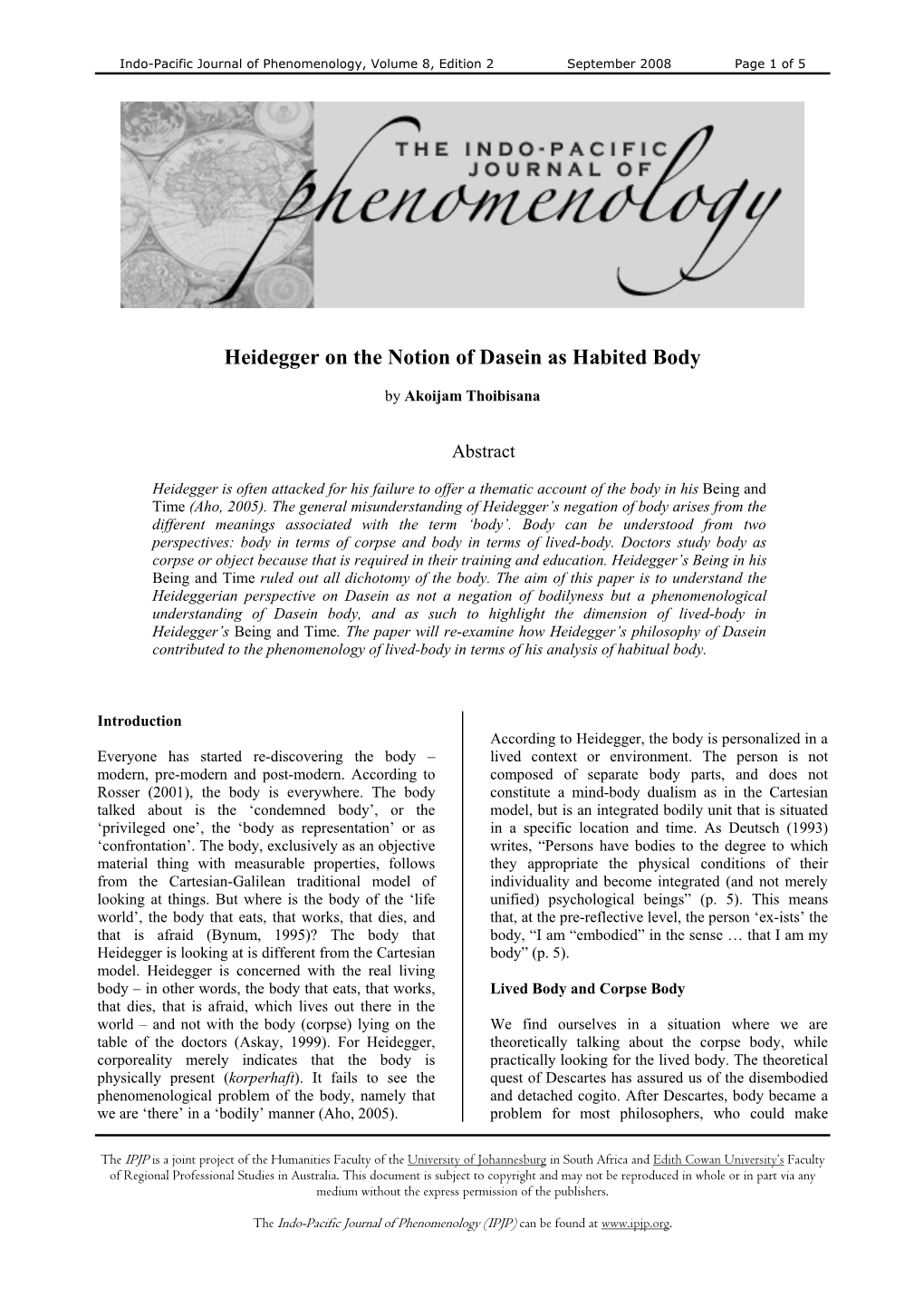 Heidegger on the Notion of Dasein As Habited Body