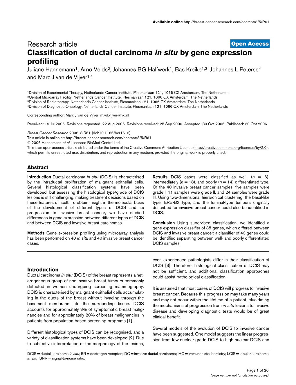 Classification of Ductal Carcinoma in Situ by Gene Expression Profiling