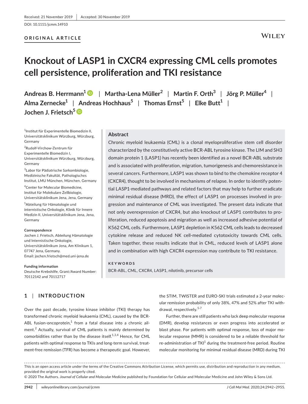 Knockout of LASP1 in CXCR4 Expressing CML Cells Promotes Cell Persistence, Proliferation and TKI Resistance