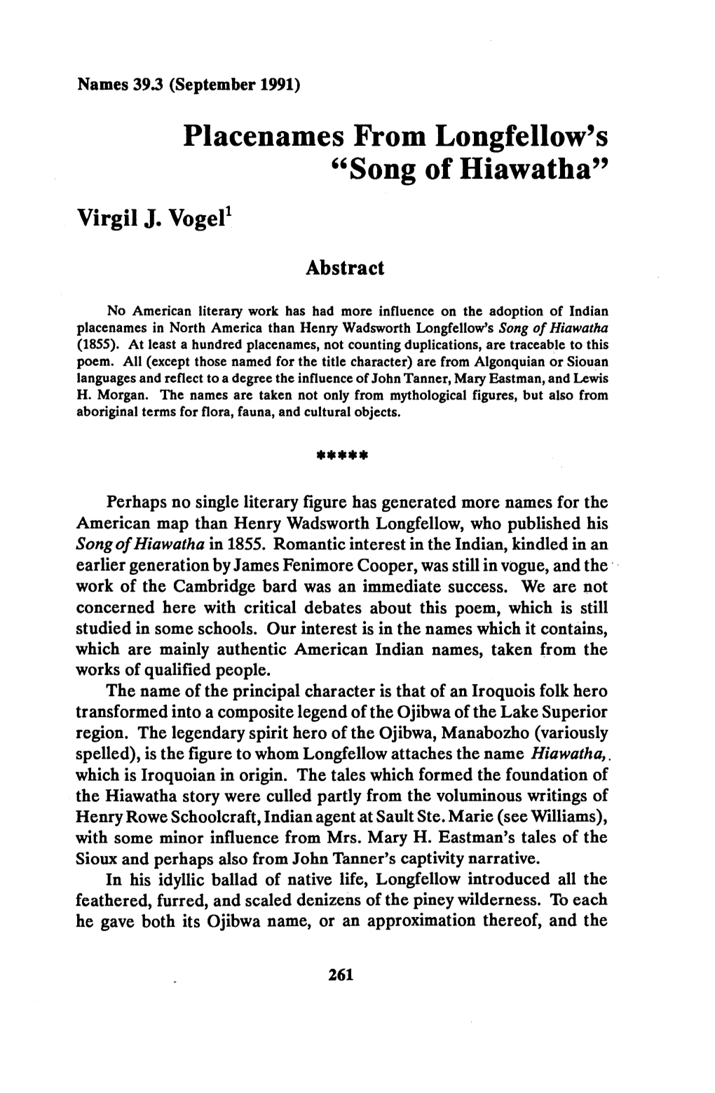 Placenames from Longfellow's Â•Œsong of Hiawathaâ•Š