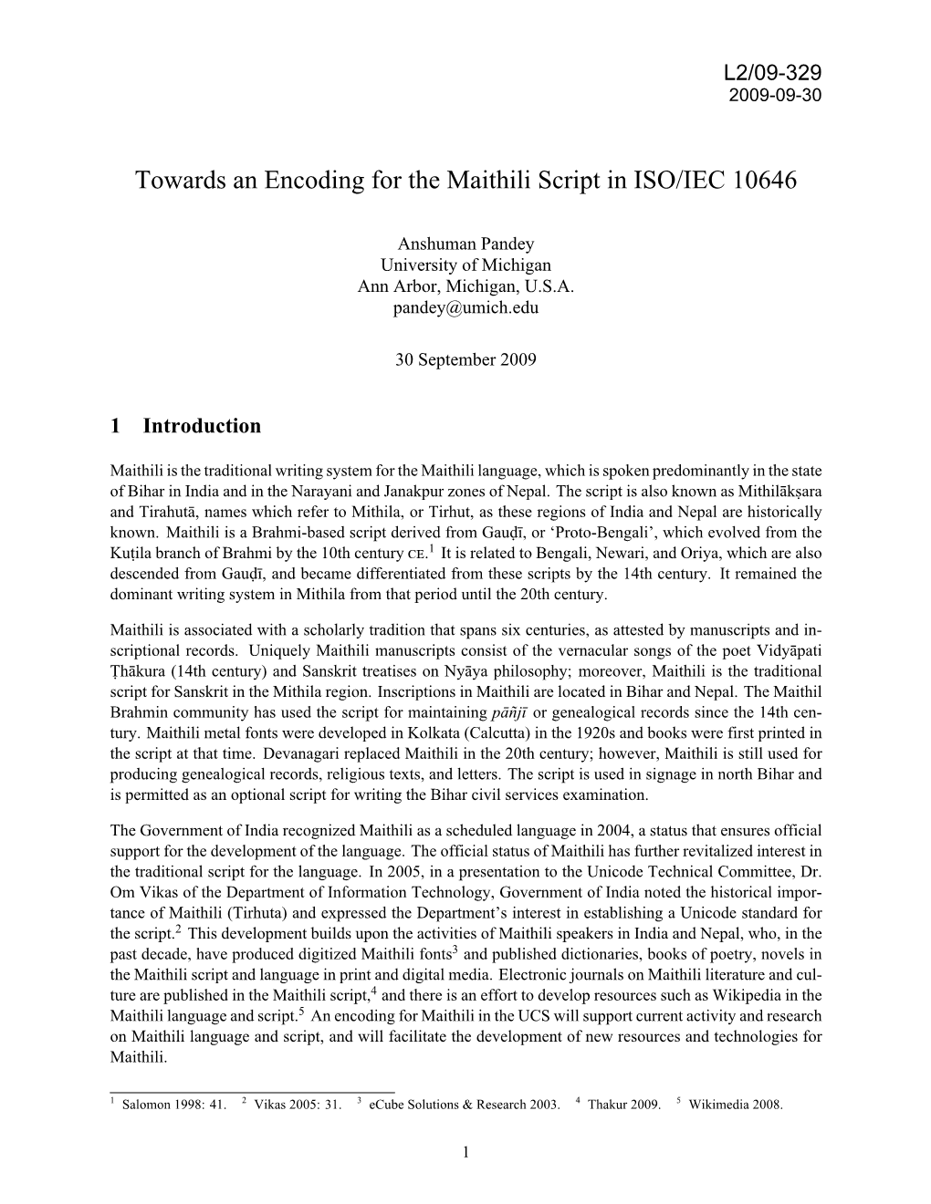 Towards an Encoding for the Maithili Script in ISO/IEC 10646