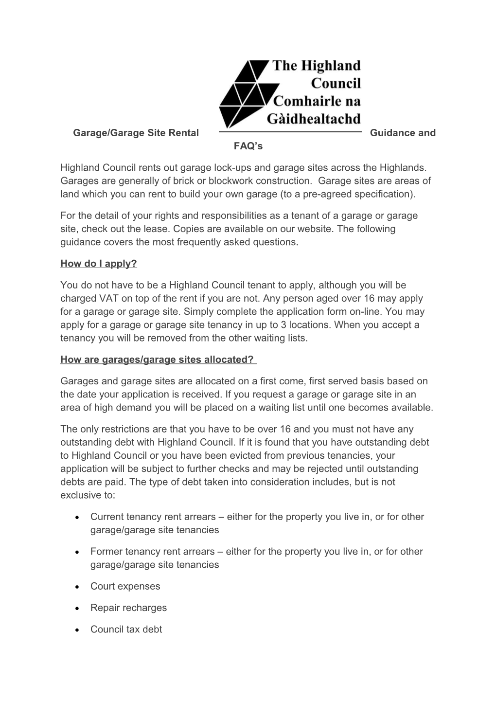 Garage/Garage Site Rental Guidance and FAQ S