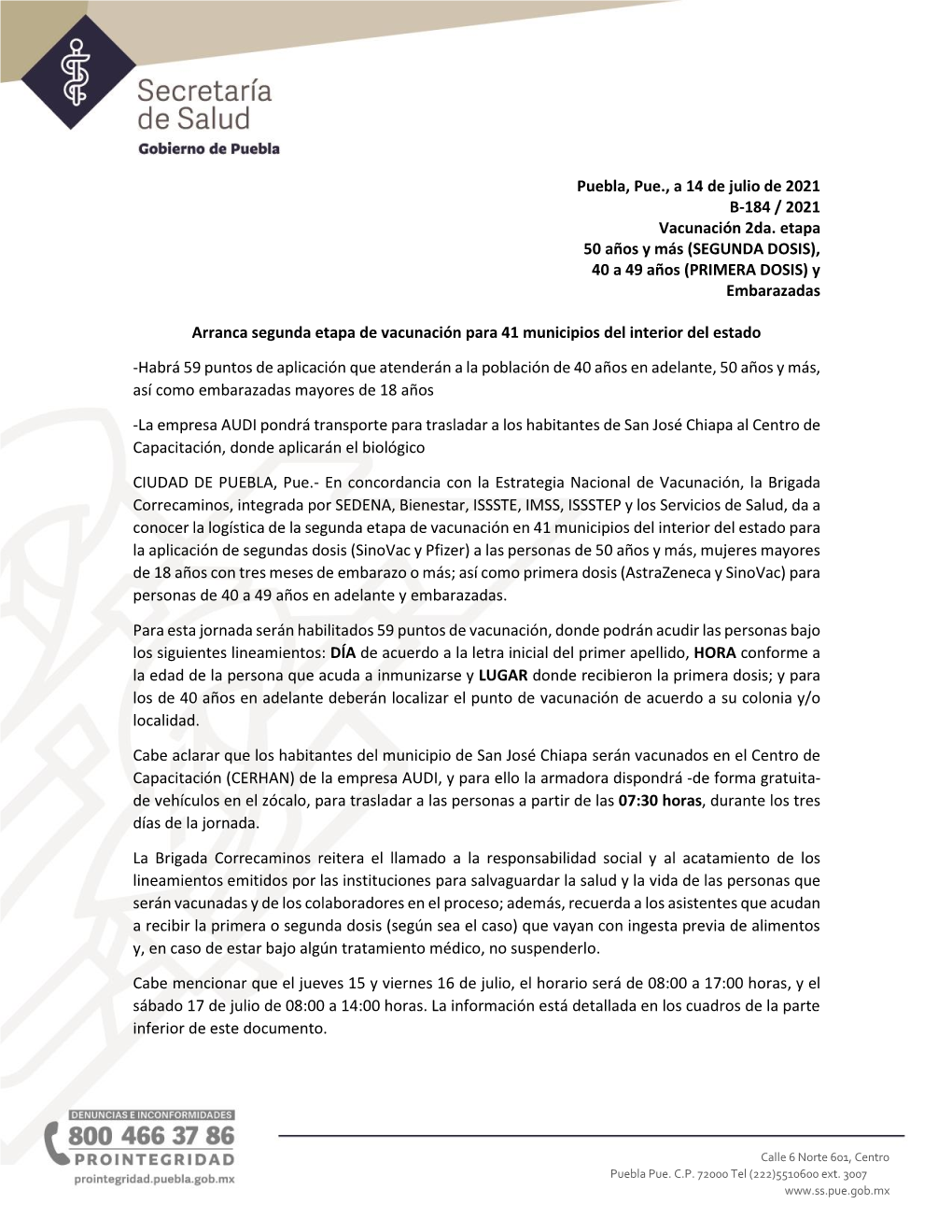 Puebla, Pue., a 14 De Julio De 2021 B-184 / 2021 Vacunación 2Da