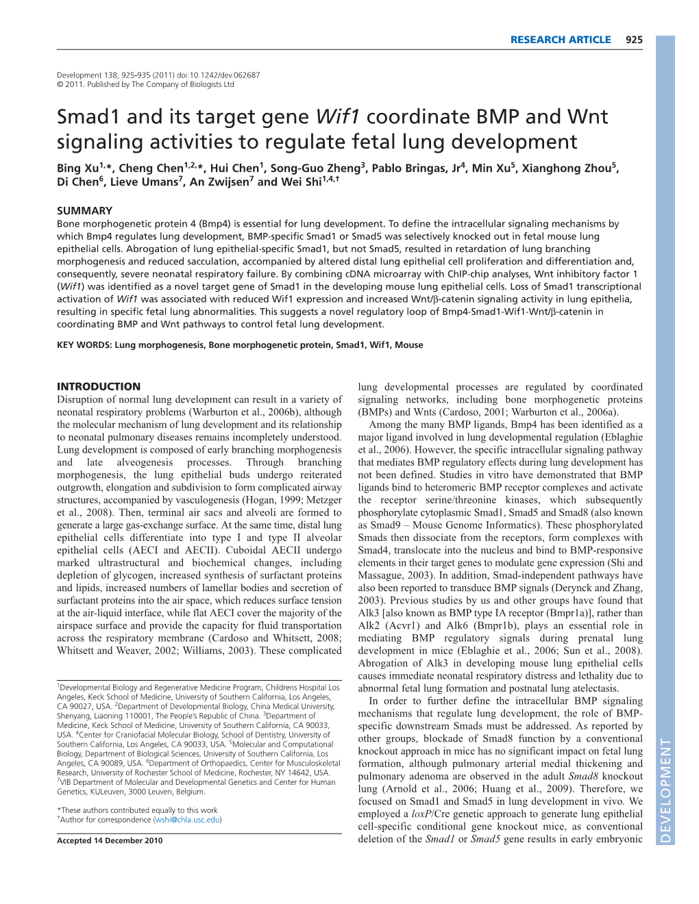 Smad1 and Its Target Gene Wif1 Coordinate BMP and Wnt Signaling