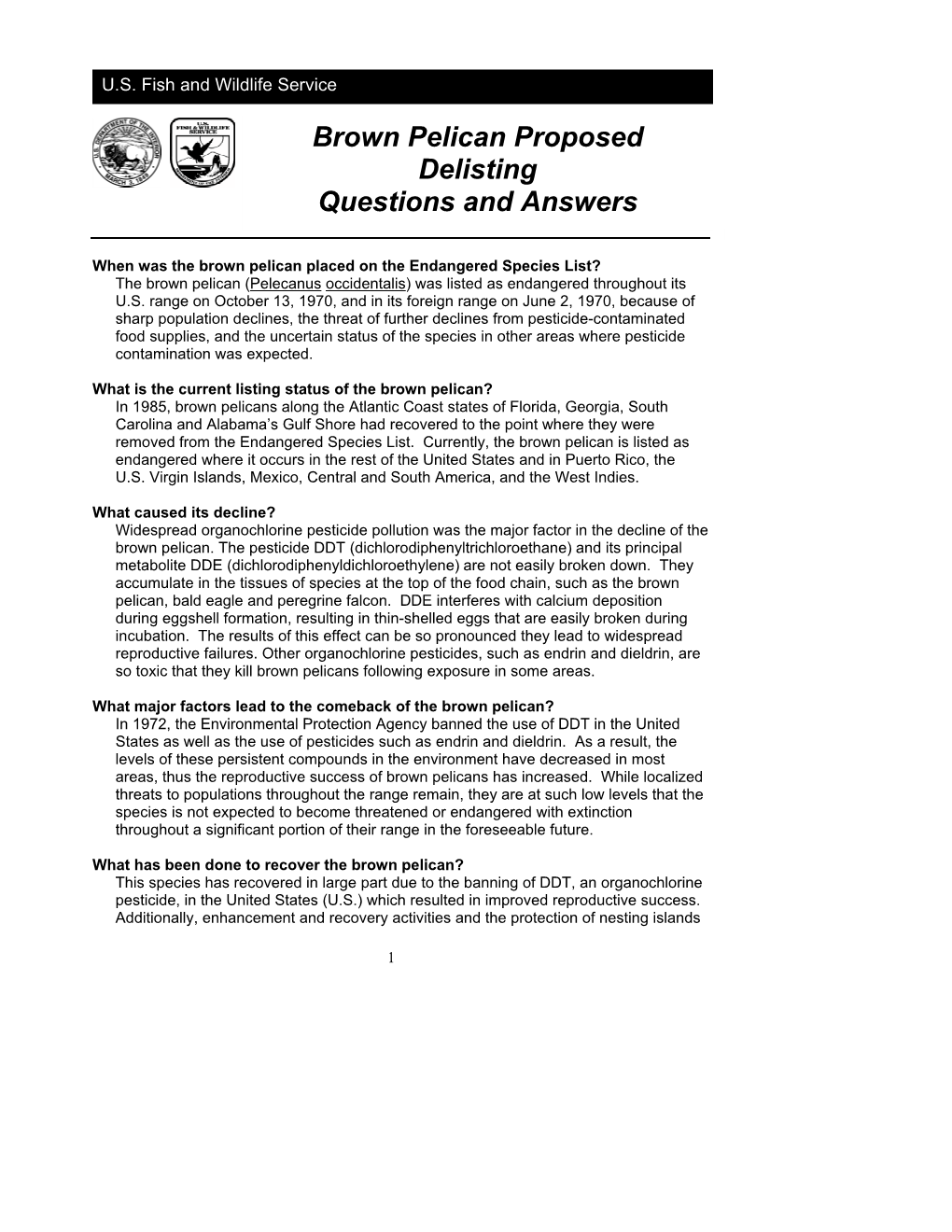 Brown Pelican Proposed Delisting Questions