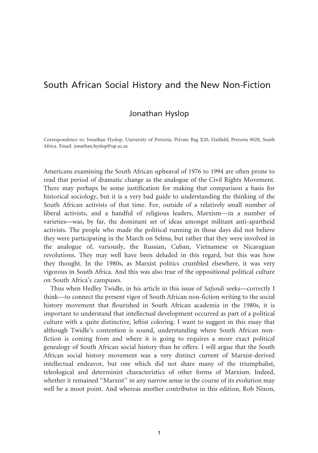 South African Social History and the New Non-Fiction