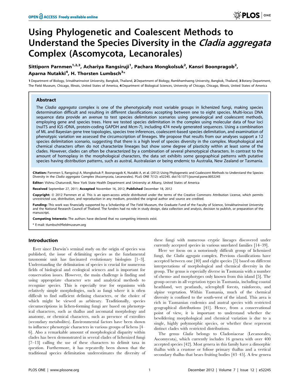 Using Phylogenetic and Coalescent Methods to Understand the Species Diversity in the Cladia Aggregata Complex (Ascomycota, Lecanorales)