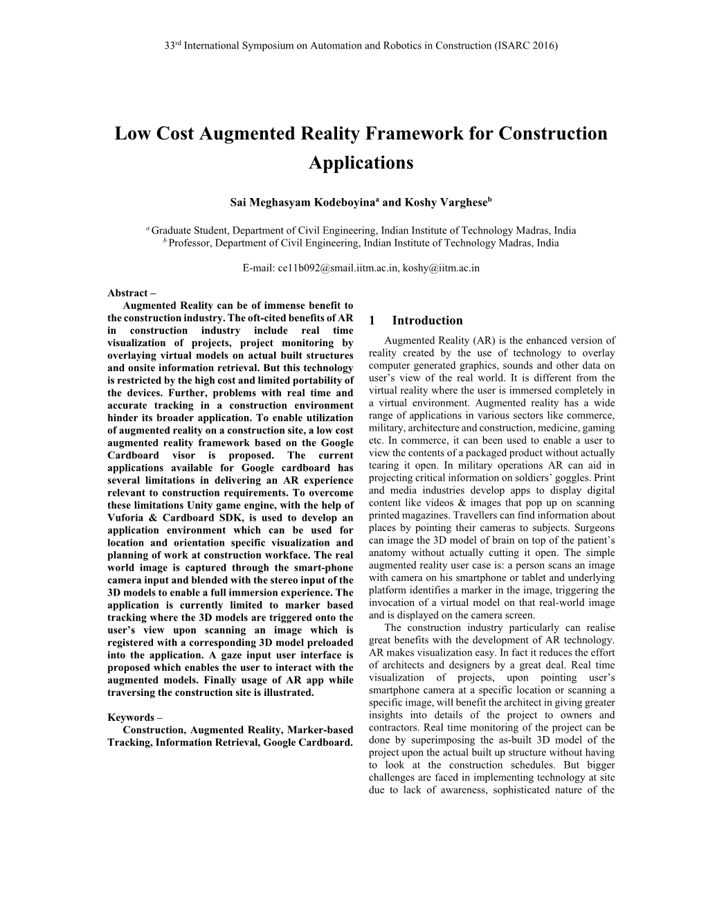 Low Cost Augmented Reality Framework for Construction Applications