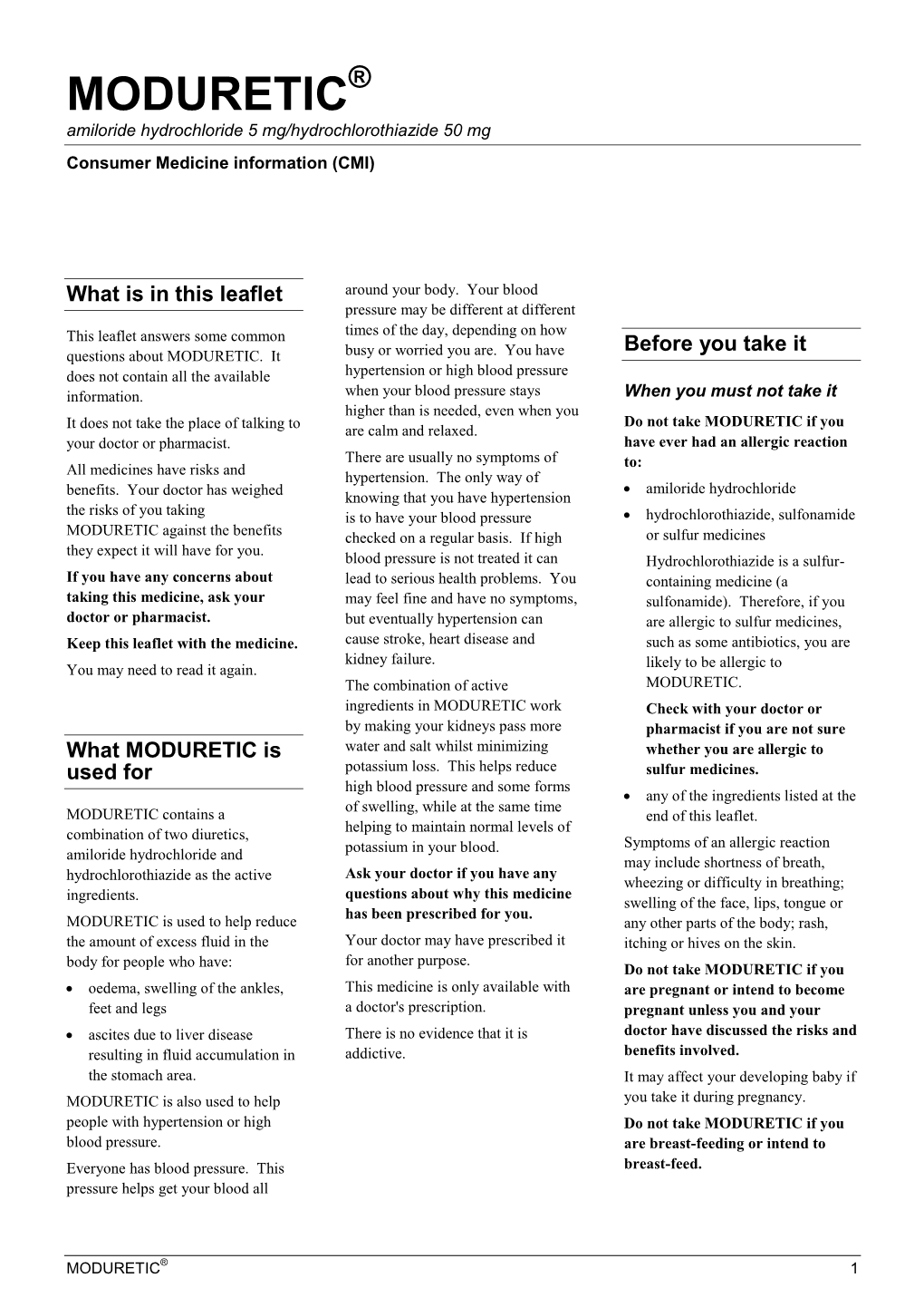 MODURETIC® Amiloride Hydrochloride 5 Mg/Hydrochlorothiazide 50 Mg Consumer Medicine Information (CMI)