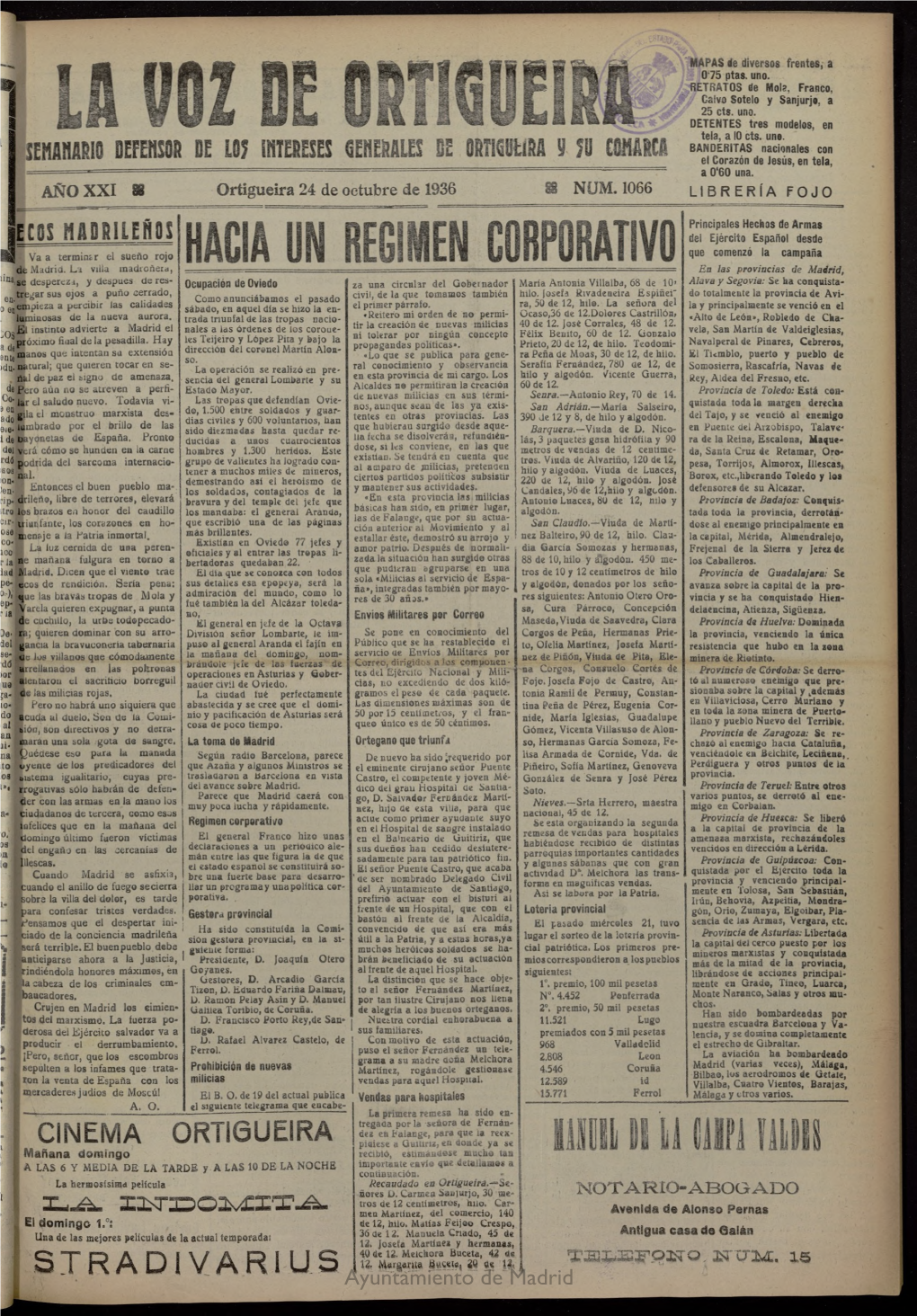 La Voz De Ortigueira Del 24 De Octubre De 1936, Nº 1066