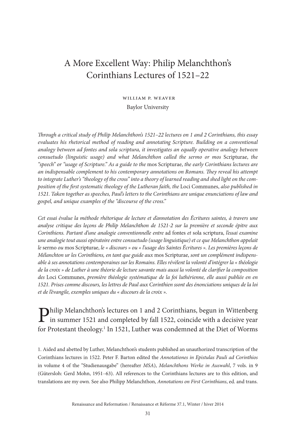 Philip Melanchthon's Corinthians Lectures of 1521–22