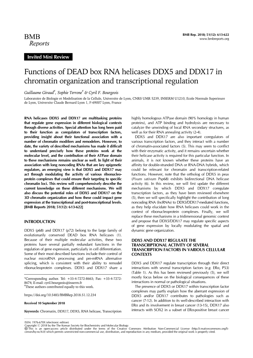 Functions of DEAD Box RNA Helicases DDX5 and DDX17 in Chromatin Organization and Transcriptional Regulation